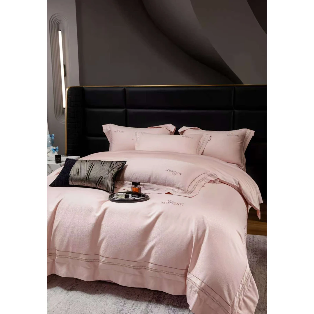 【羽沐轻奢】精纺百支埃及棉金银线提花四件套-琦罗/粉