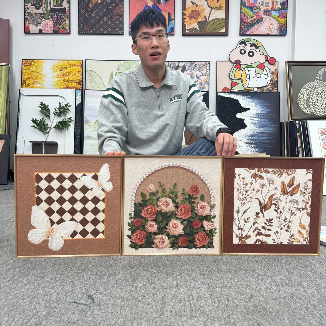 法式花卉奶油蝴蝶客厅装饰画复古卧室挂画正方组合壁画403