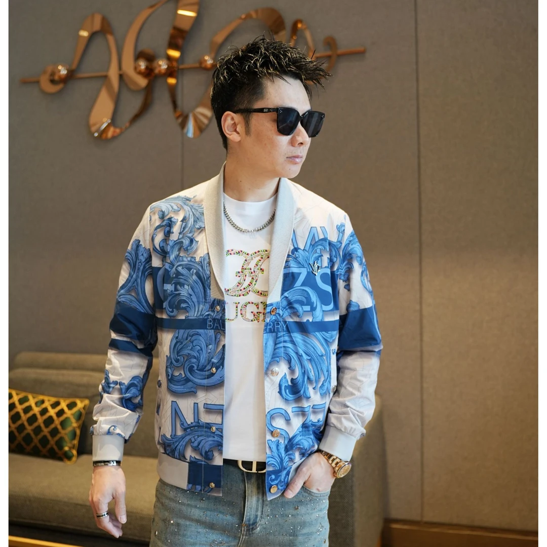 2025男士春季数码印花青花瓷撞色夹克青果领时尚休闲个性潮流外套