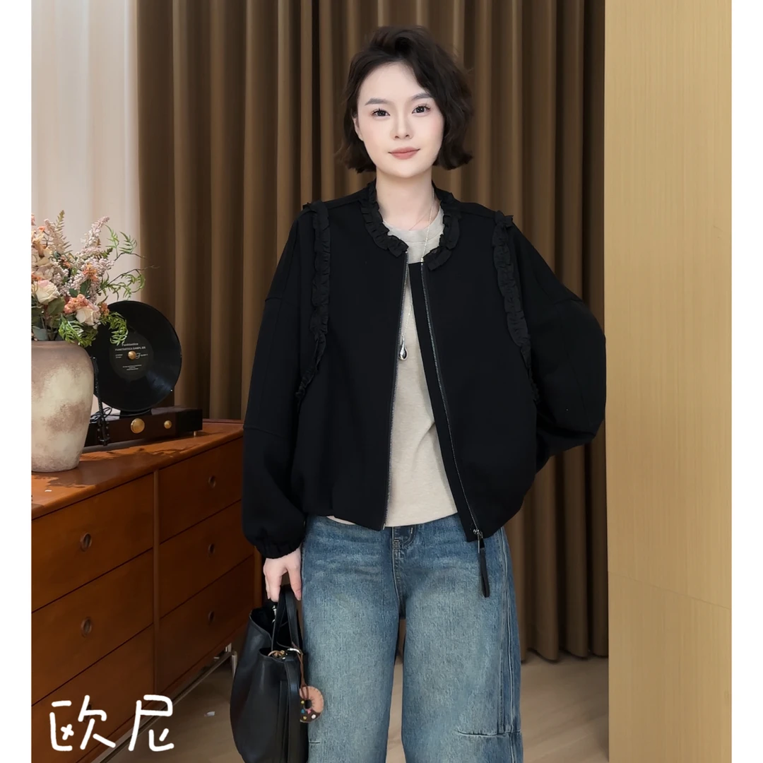 欧尼私服 2025早秋新款木耳边拼接圆领长袖休闲短款外套2509C5564