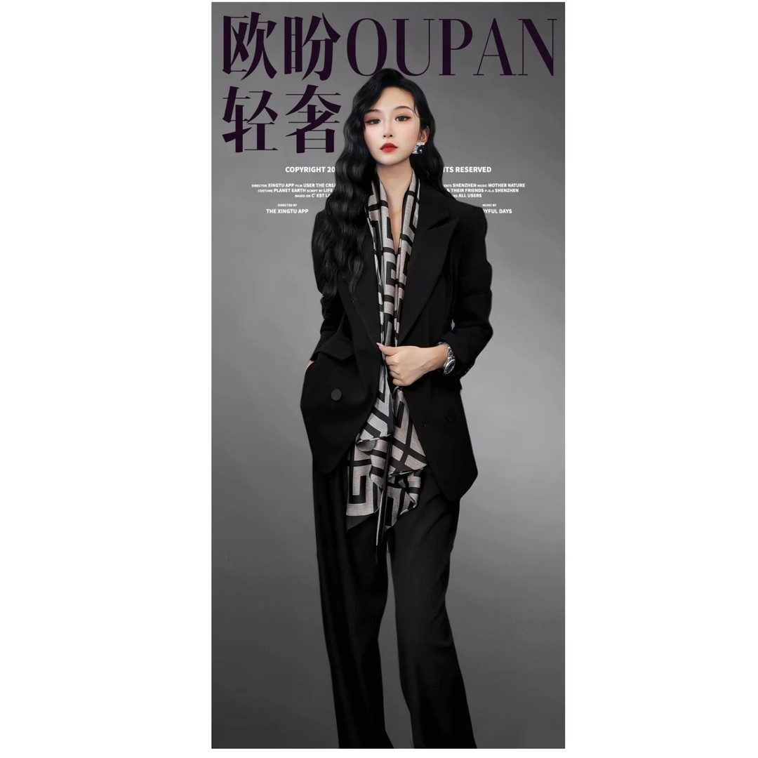 OUPAN欧盼 深圳南油原创 轻奢气质休闲复古外套长裤丝巾三件套951
