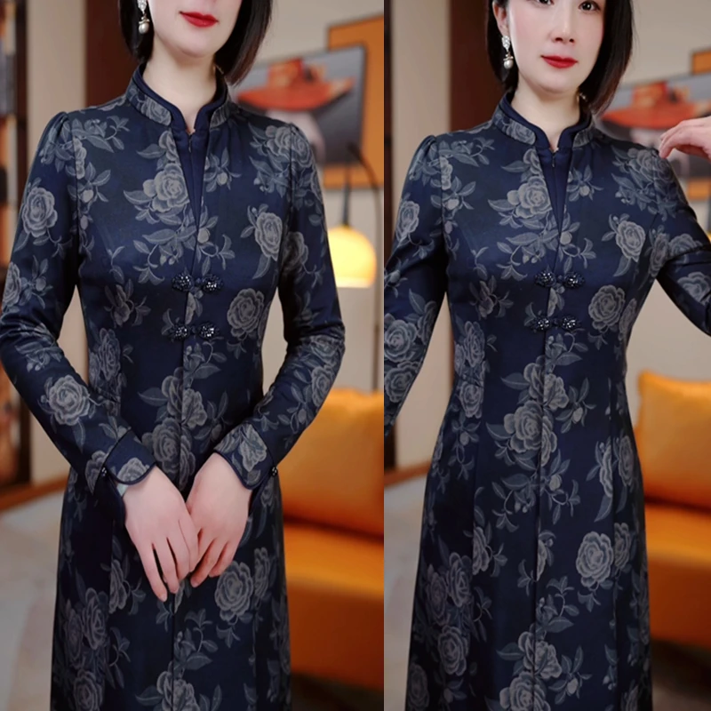 蓝色收腰显瘦遮肉气质连衣裙HR5003洋气春装时尚妈妈装修身长袖