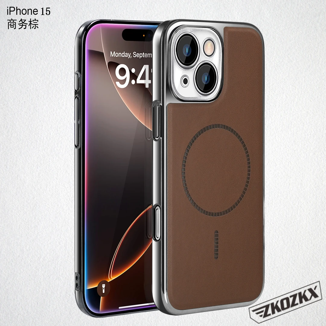适用苹果14Plus手机壳磁吸电镀真皮纹新款镜头全包防摔商务高档