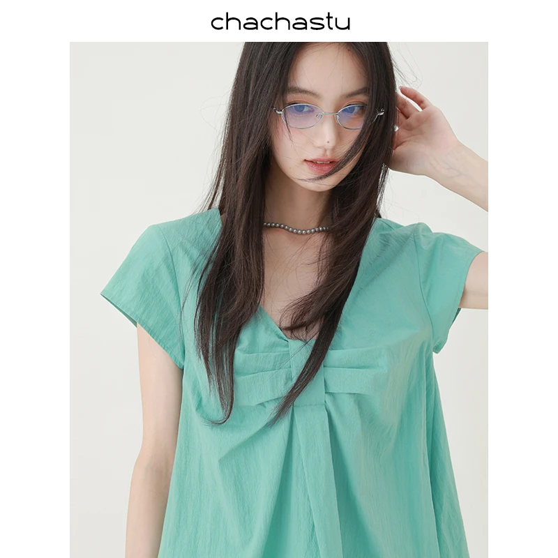 CHACHASTU小众波光绿 蝴蝶结收褶显瘦A字上衣ZRS1703