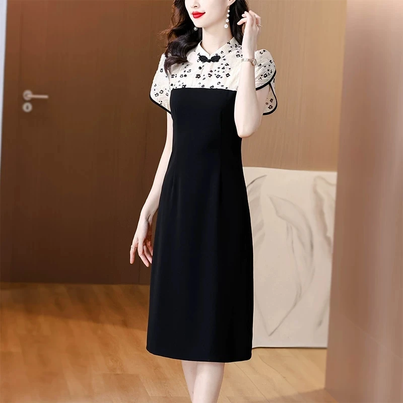 新中式国风盘扣短袖连衣裙女夏季新款撞色拼接设计感改良旗袍裙子