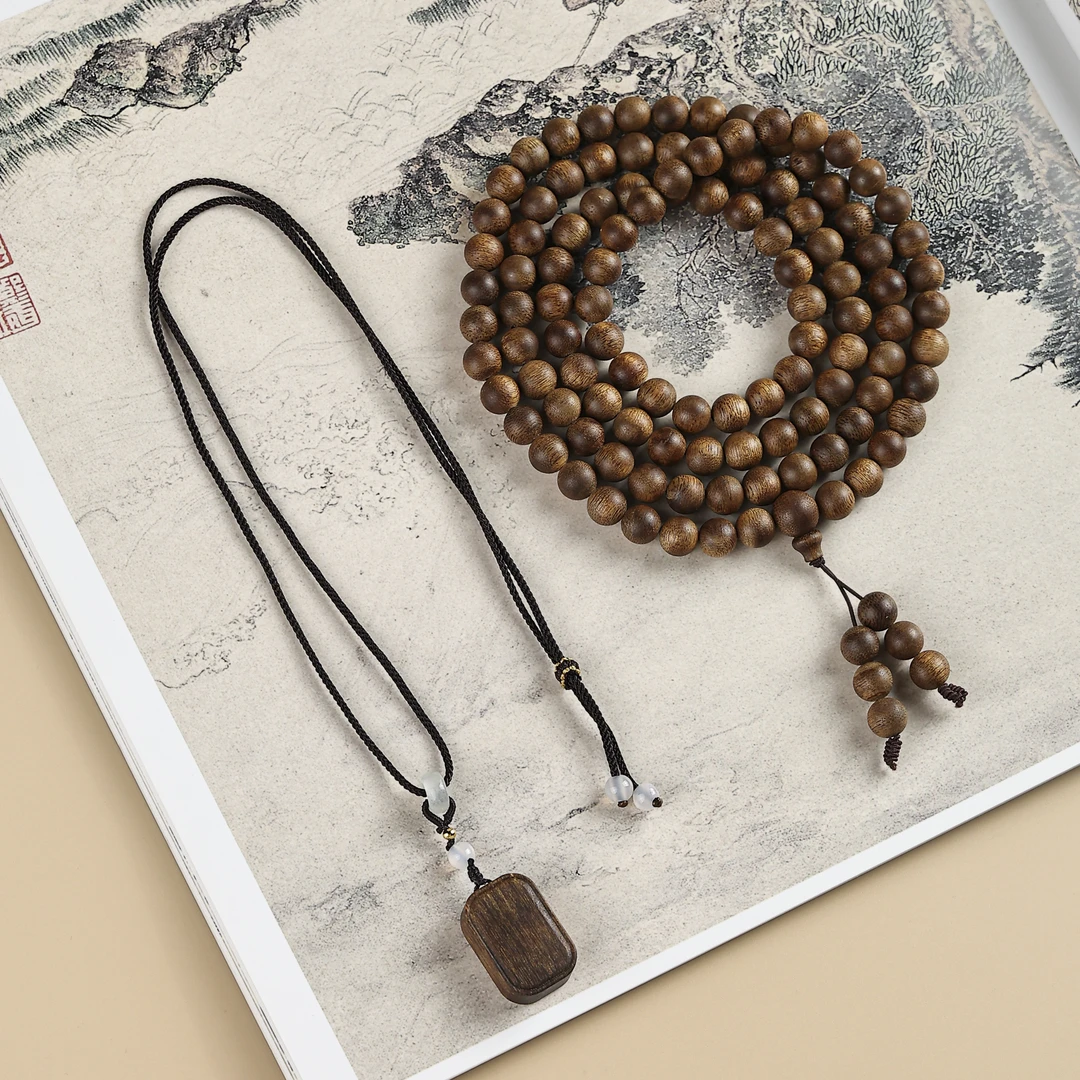 【臻】Z018白奇楠0.8多圈圆珠手串+沉香木白奇楠吊坠