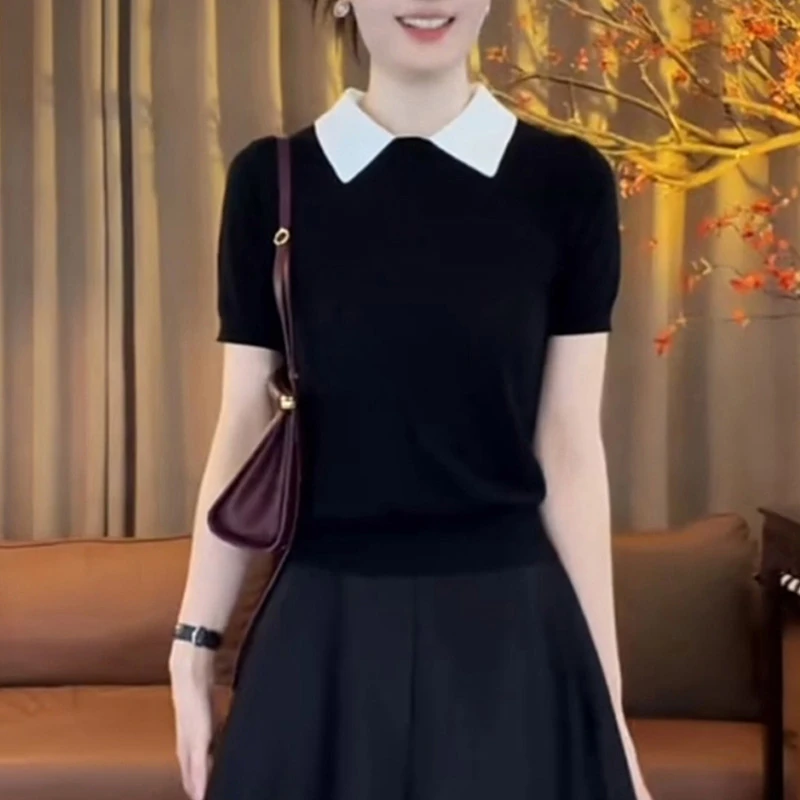 韩版简约气质撞色POLO领针织衫女夏季新款宽松薄款打底上衣小个子