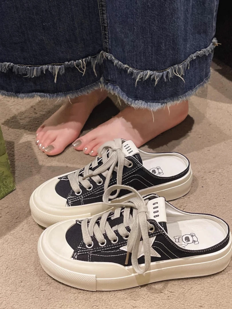 半托休闲鞋时尚百搭包头拖鞋2025新款夏季休闲帆布鞋一脚蹬懒人拖