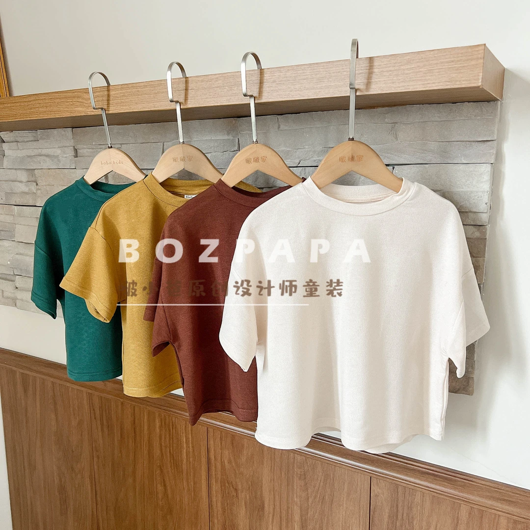 现货啵小爸【午后阳光】2025夏季男童韩系休闲四色落肩T恤百搭上衣