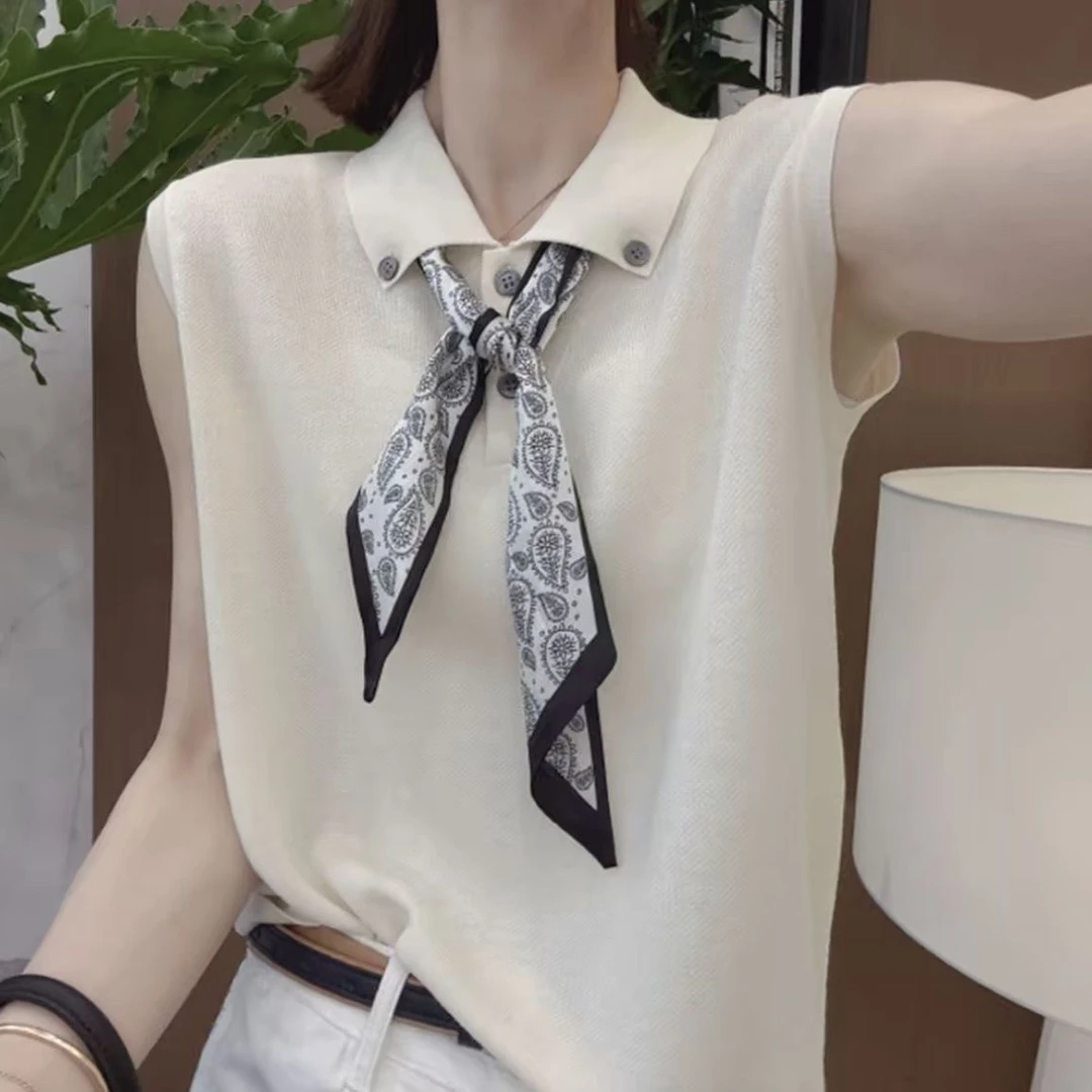 【80-180斤】法式丝巾无袖Polo领上衣女夏季新款显瘦遮肉别致气质衫