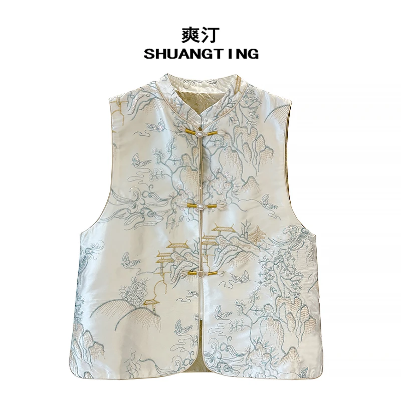 Jokara/丘可儿【落秋山】中式刺绣宽松盘扣马甲国风贵气提花马夹春