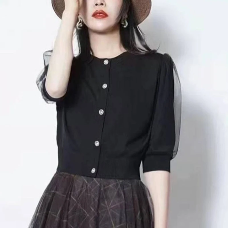 商场同款春季显瘦气质职业五分网纱袖单排扣针织开衫女5355045