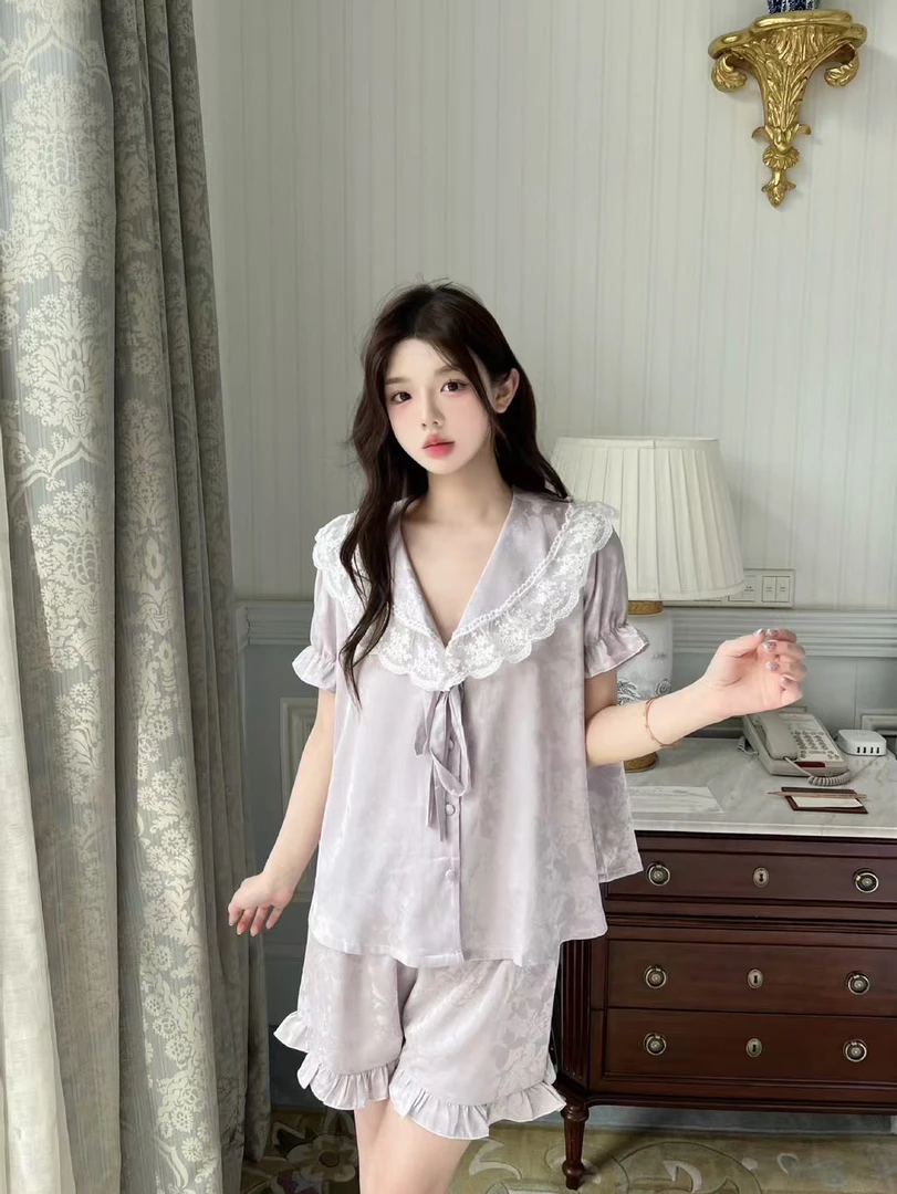 仙女风夏季娃娃领国风提花睡衣女冰丝春秋短袖蕾丝花边家居服套装