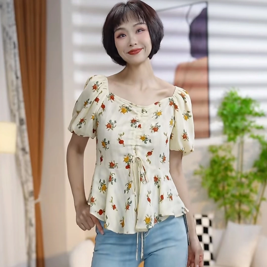 S328春秋时尚印花泡泡袖法式气质小衫DM4