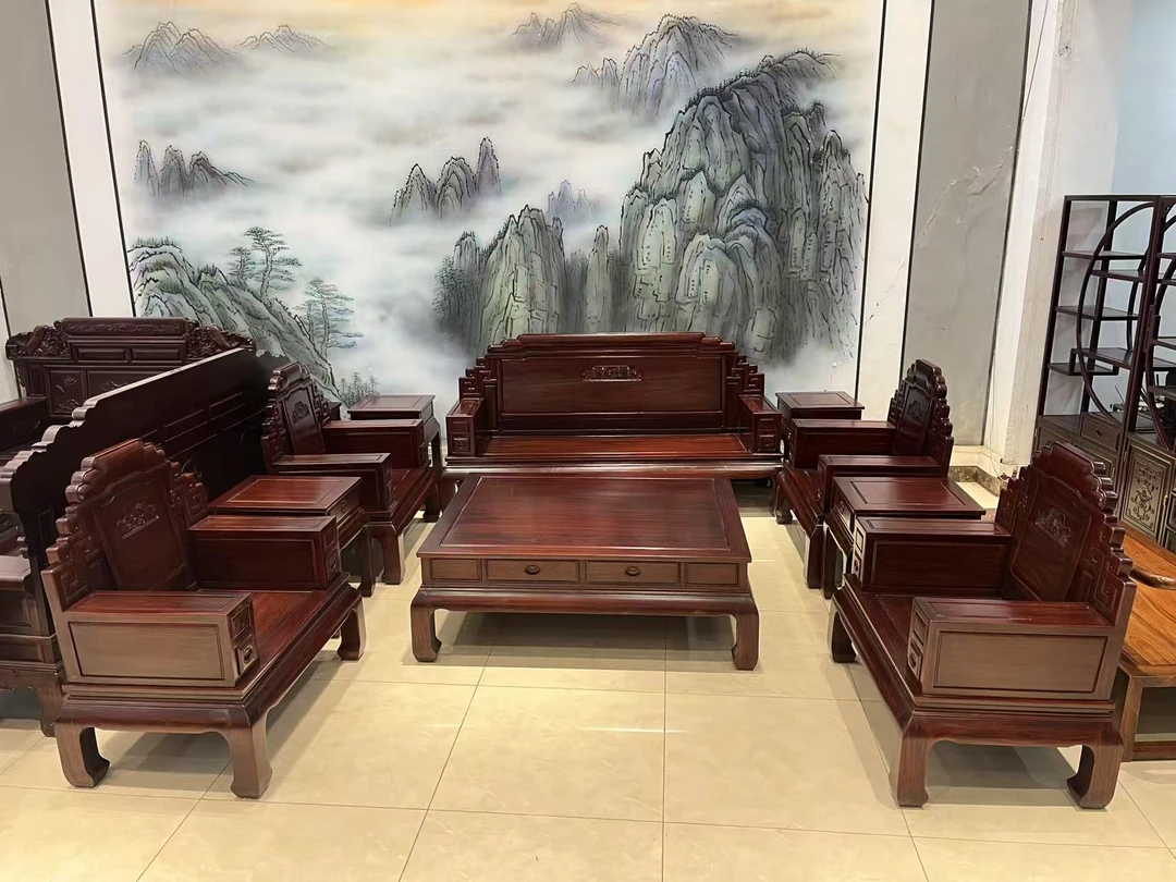中国风抽象实木沙发榫卯结构酸枝沙发步步高升十件套宽扶手沙发
