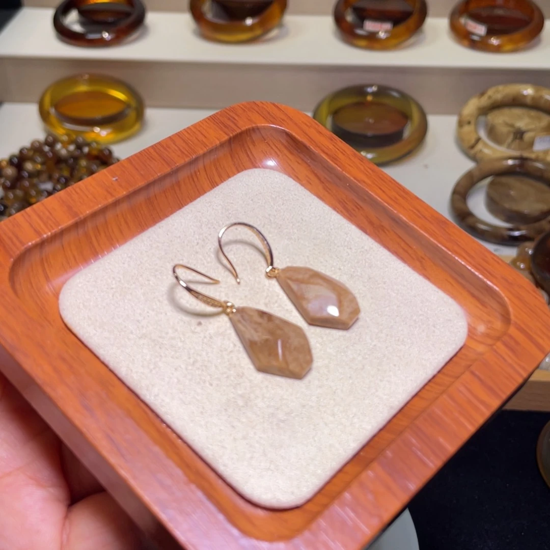 银S925镶嵌琥珀戒指天然缅甸琥珀根珀棱形耳钩