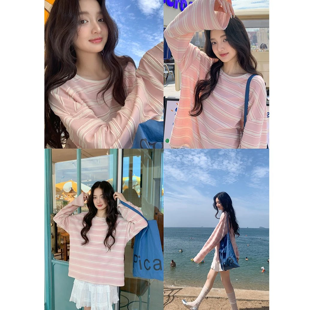 觅定圆领粉色条纹长袖T恤女早秋宽松慵懒风上衣DS12571