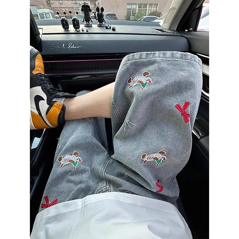 小狗刺绣六七分牛仔短裤男夏季美式高街vibe裤子美式过膝半腿马裤