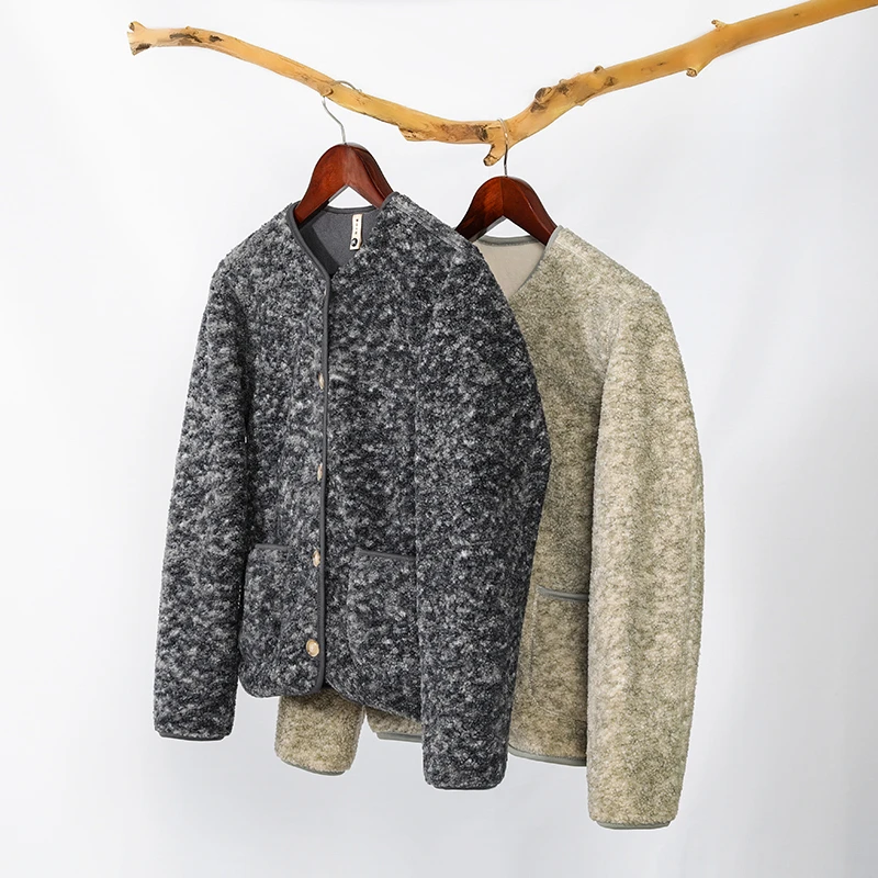 E345女装小香风摇粒绒防羊羔绒圆领开衫外套