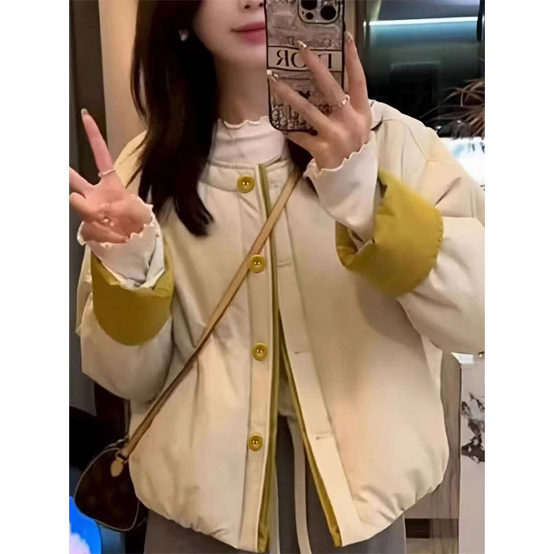 ZT秋冬新款韩系撞色2025单排棉服外套圆领短款时尚小个子棉衣