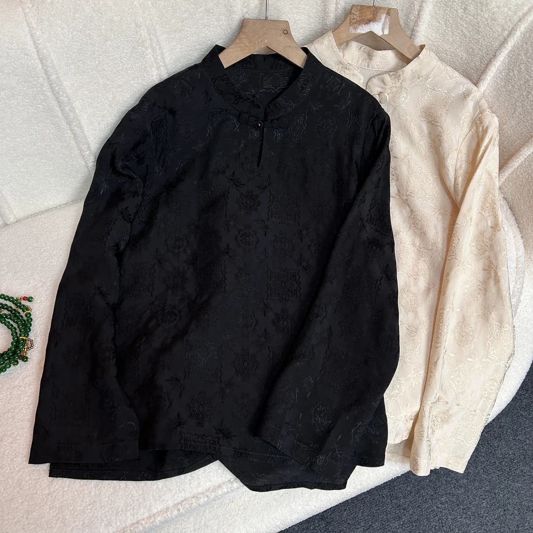 一字扣上衣复古百搭立领打底高领重工提花国风衬衫