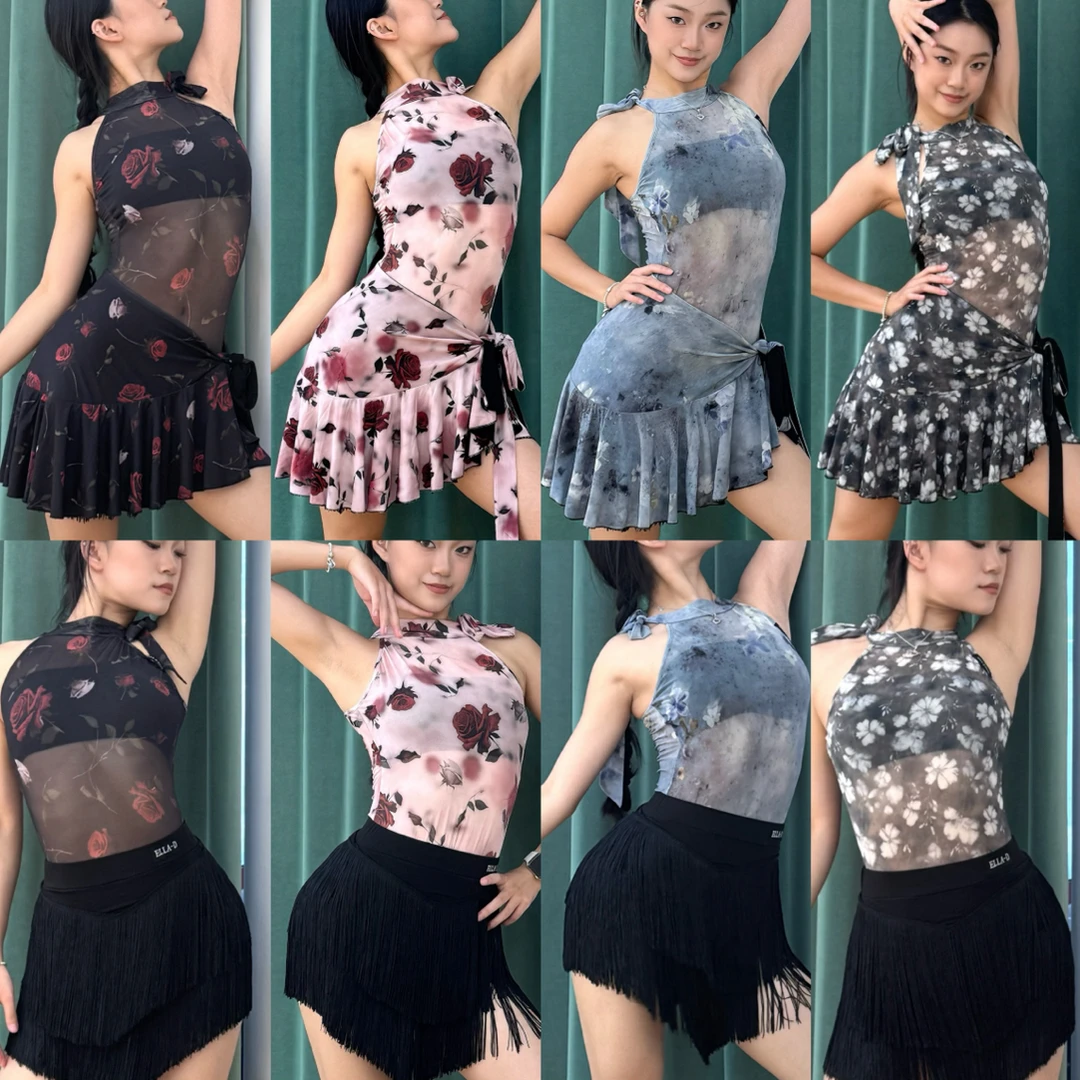 Ella-d拉丁舞服印花无袖网纱上衣系带臀巾蓝粉黑色流苏裙练舞表演