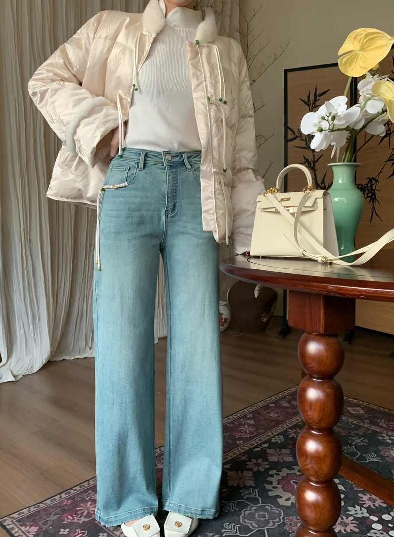 EIA一尧【冬季新品清仓】新中式显瘦盘扣直筒牛仔裤高腰气质日常