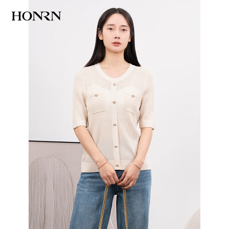 HONRN/红人休闲修身短袖圆领套头薄款镂空针织衫上衣女HJ22OM582