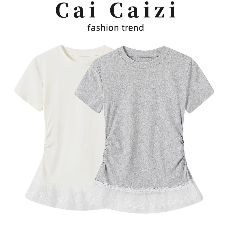 芭蕾风蕾丝边拼接假两件短袖T恤女春季2025内搭打底修身显瘦上衣