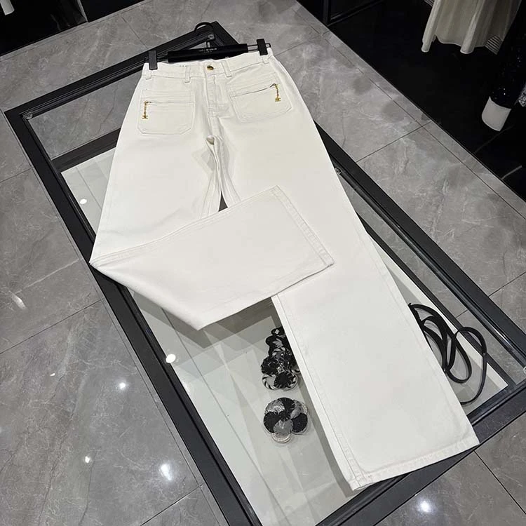 25年春装新款女装 时尚金属拉链双口袋直筒白色牛仔裤-25025