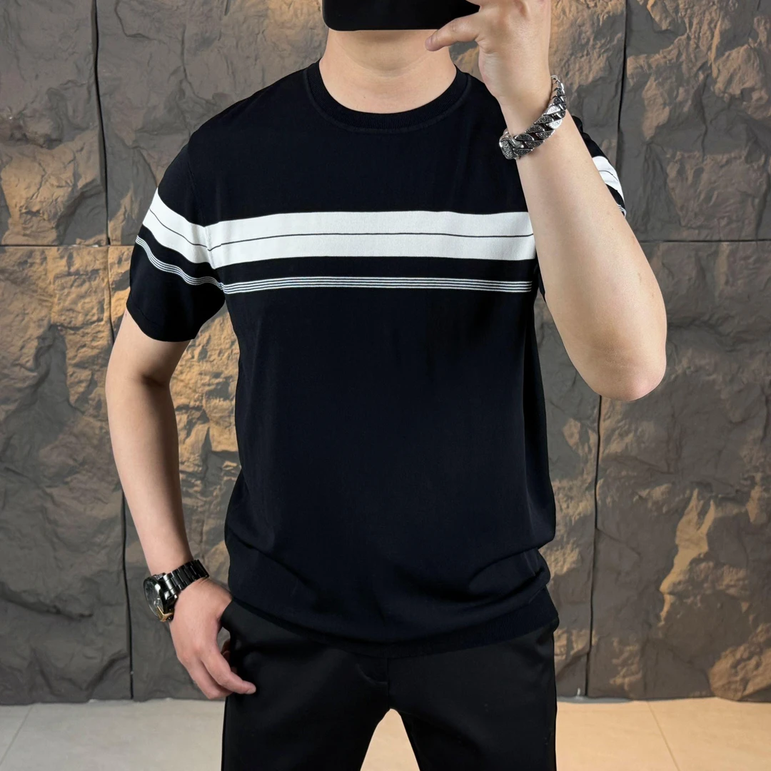 爆款男士秋冬新款毛衣保暖针织衫潮流时尚百搭条纹短袖修身打底衫