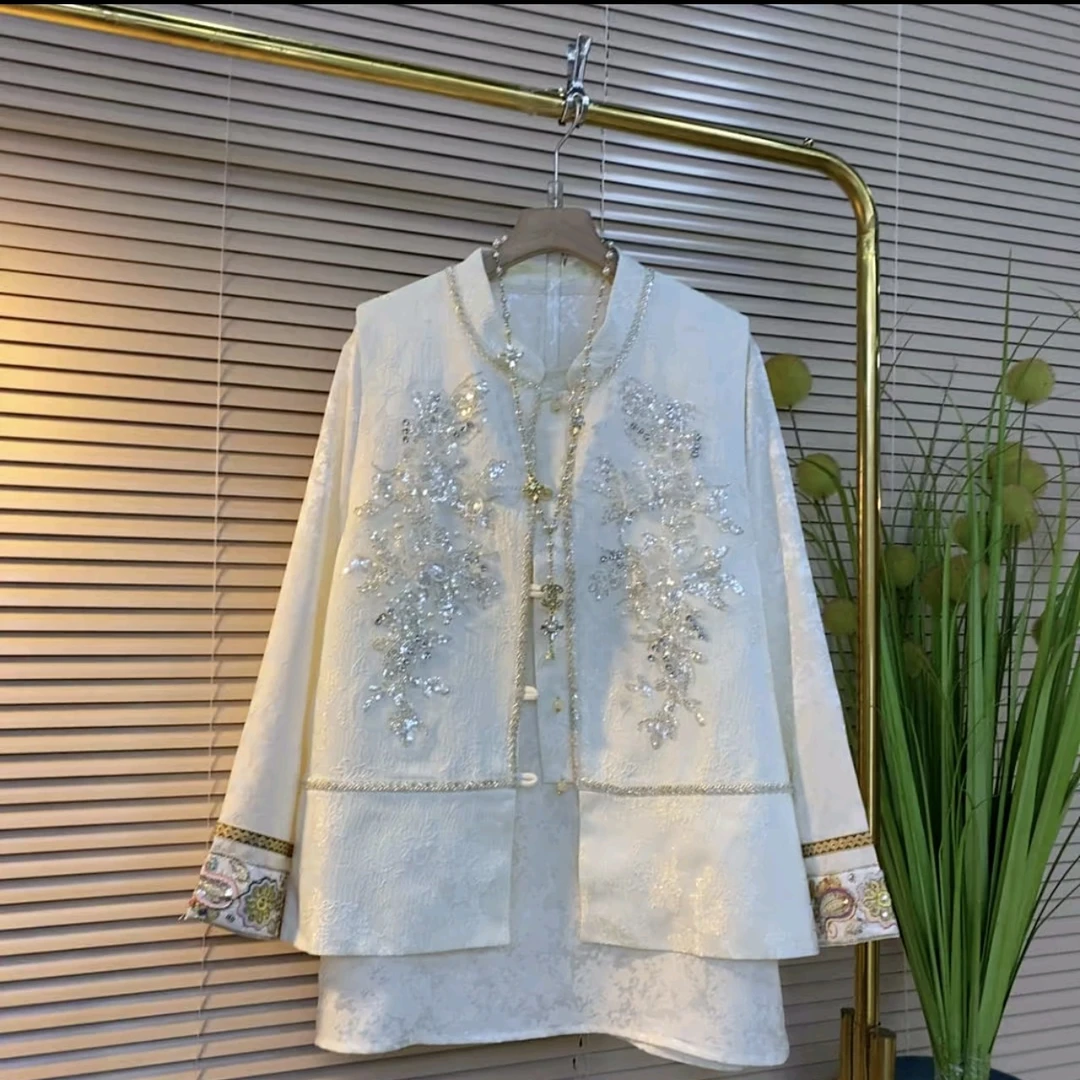 芃芃5120（单拍）春季大码女新中式国风亮片花朵马甲＋雪纺衫俩件套