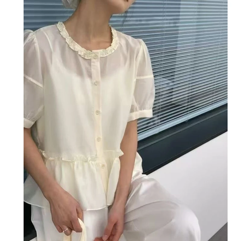 木耳边短袖小衫2025夏季法式收腰显瘦设计感遮肚子上衣T恤 25025