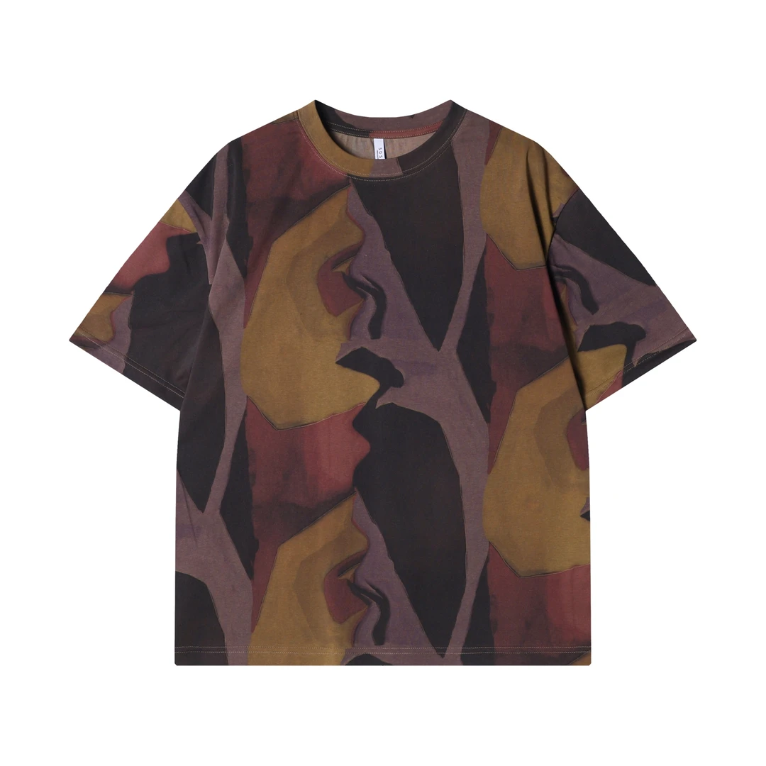 T2605夏季新款时尚个性美式抽象撞色圆领T恤小众设计高级感上衣