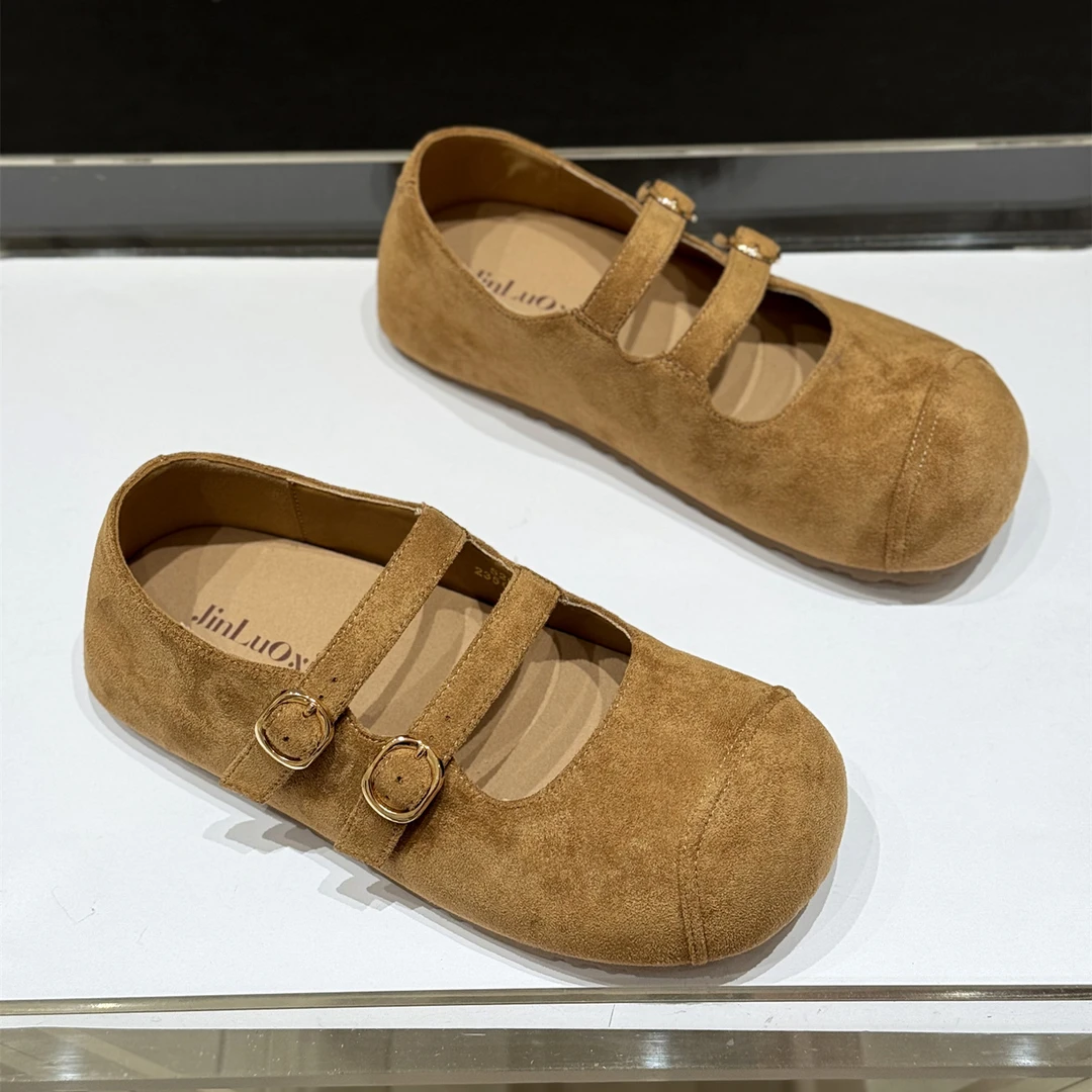 网红超火厚底圆头勃肯鞋女2025新款秋季绒面浅口一字带内增高单鞋