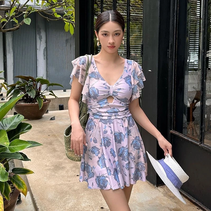 2025新款ins印花扎染遮肉显瘦保守大码温泉度假连体泳衣女