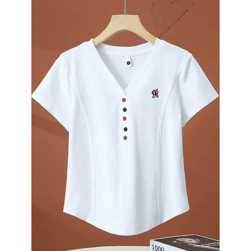 时尚拼色纽扣减龄V领短袖夏季新款百搭绣花洋气弧形下摆T恤显瘦