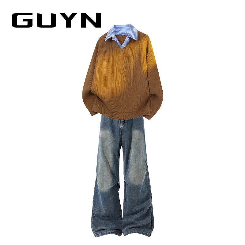 【品牌现货】GUYN春秋季假两件毛衣套装男士复古针织衫美式牛仔裤子