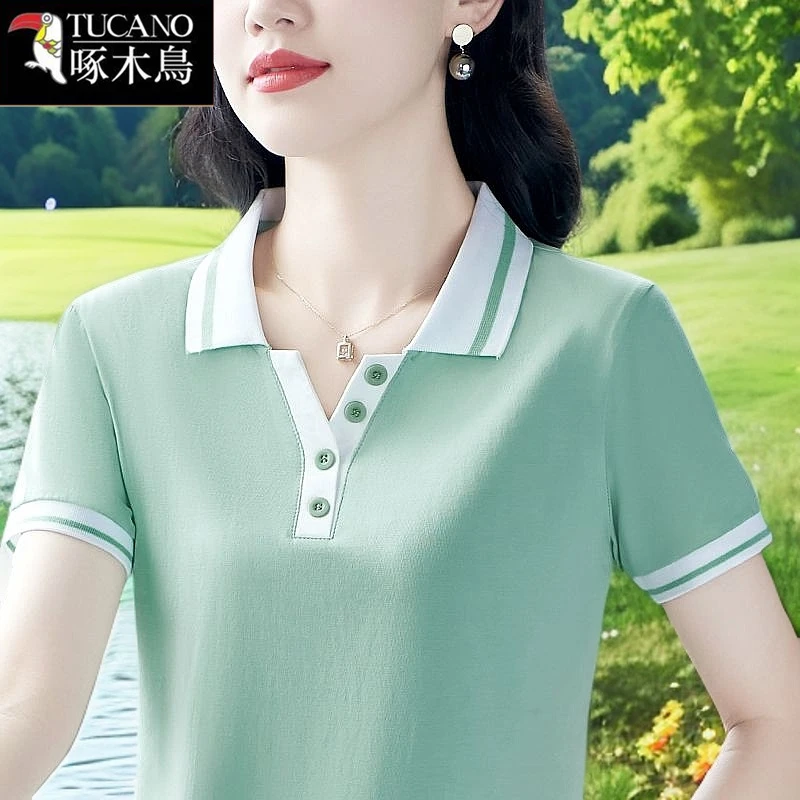啄木鸟新款夏季短袖纽扣POLO领上衣2025年休闲百搭时髦小众T恤女