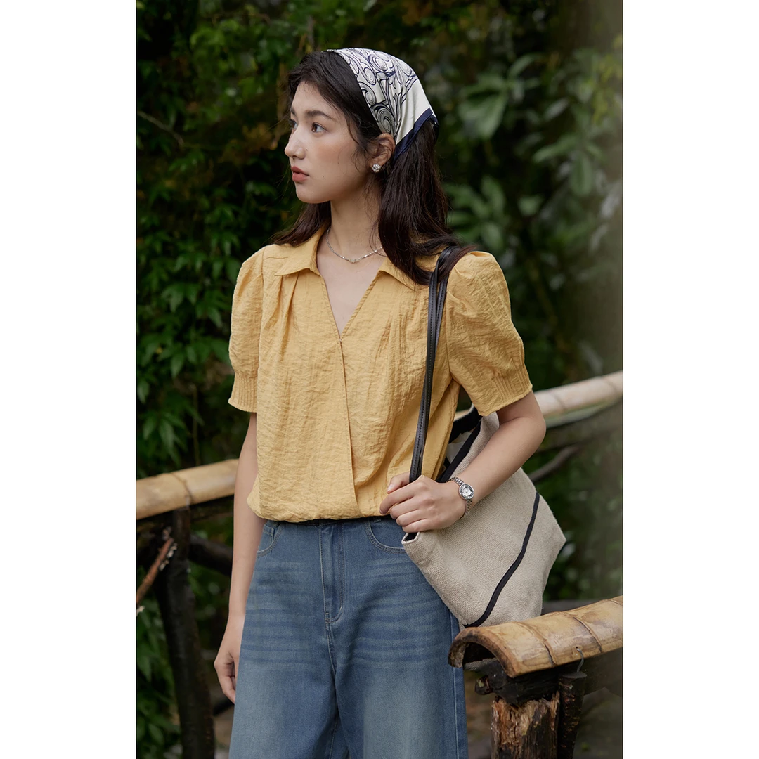 solighter 法式莫代尔v领泡泡袖衬衫女夏季5I0520C15X1