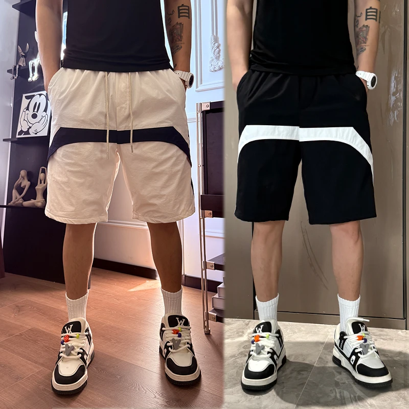 2025夏季新款拼色短裤宽松直筒沙滩裤子男士百搭速干凉感五分裤子