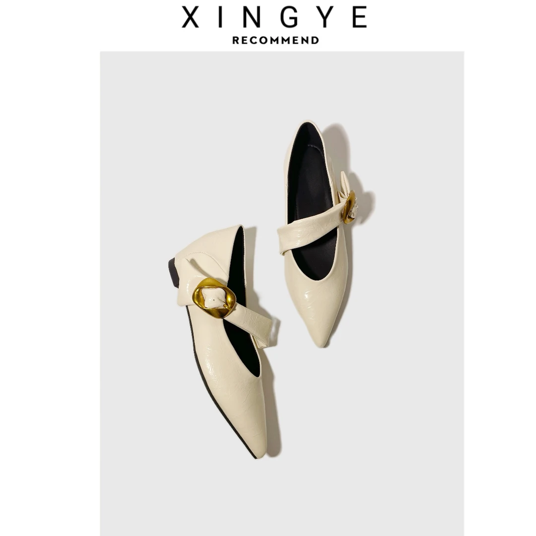 SENYU内增高5cm～真皮法式复古金属大方扣尖头不累脚玛丽珍单鞋女