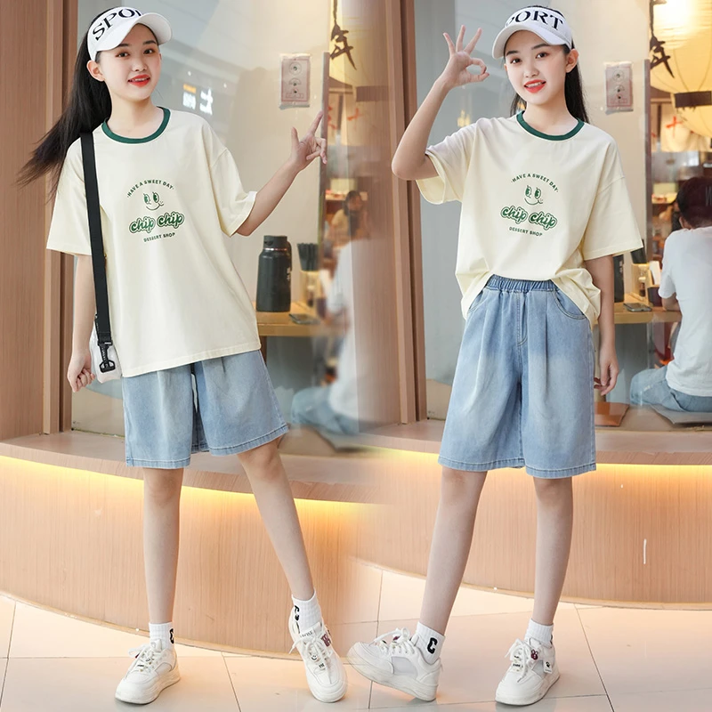 女童套装2025夏款新款时尚初高学生女孩夏季短袖T牛仔中裤两件套