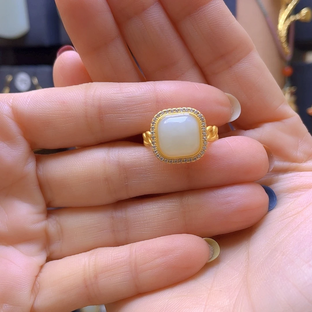 和田玉银S925镀金镶嵌戒指