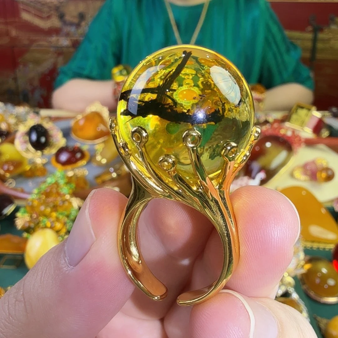植物珀银S925镀金镶嵌戒指