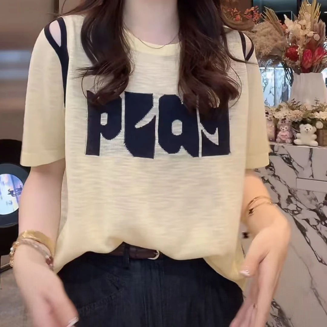 设计感露肩字母针织衫女款爆款2025新款夏季宽松洋气外穿短袖T恤