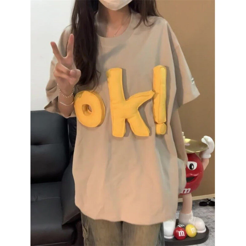 美式立领字母印花OK短袖男夏季塞棉重磅t恤oversize宽松情侣上衣