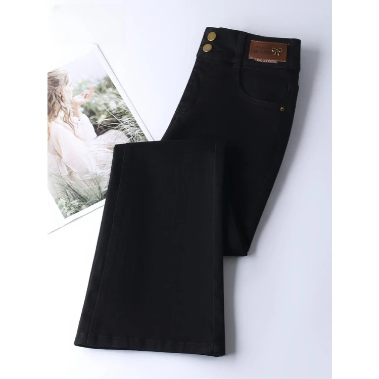 拉夏贝尔黑色微喇牛仔裤女2025秋冬季新款高腰弹力修身显瘦马蹄裤