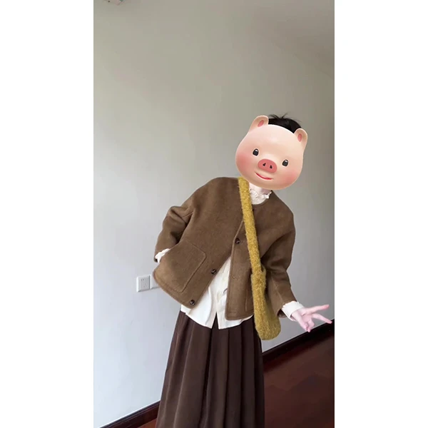 2025冬季新款穿搭法式复古小个子短款加厚毛呢大衣衬衫裙子套装