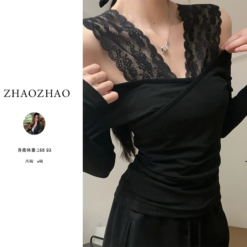 时尚黑色蕾丝长袖恤女修身显瘦气质打底衫秋冬上衣